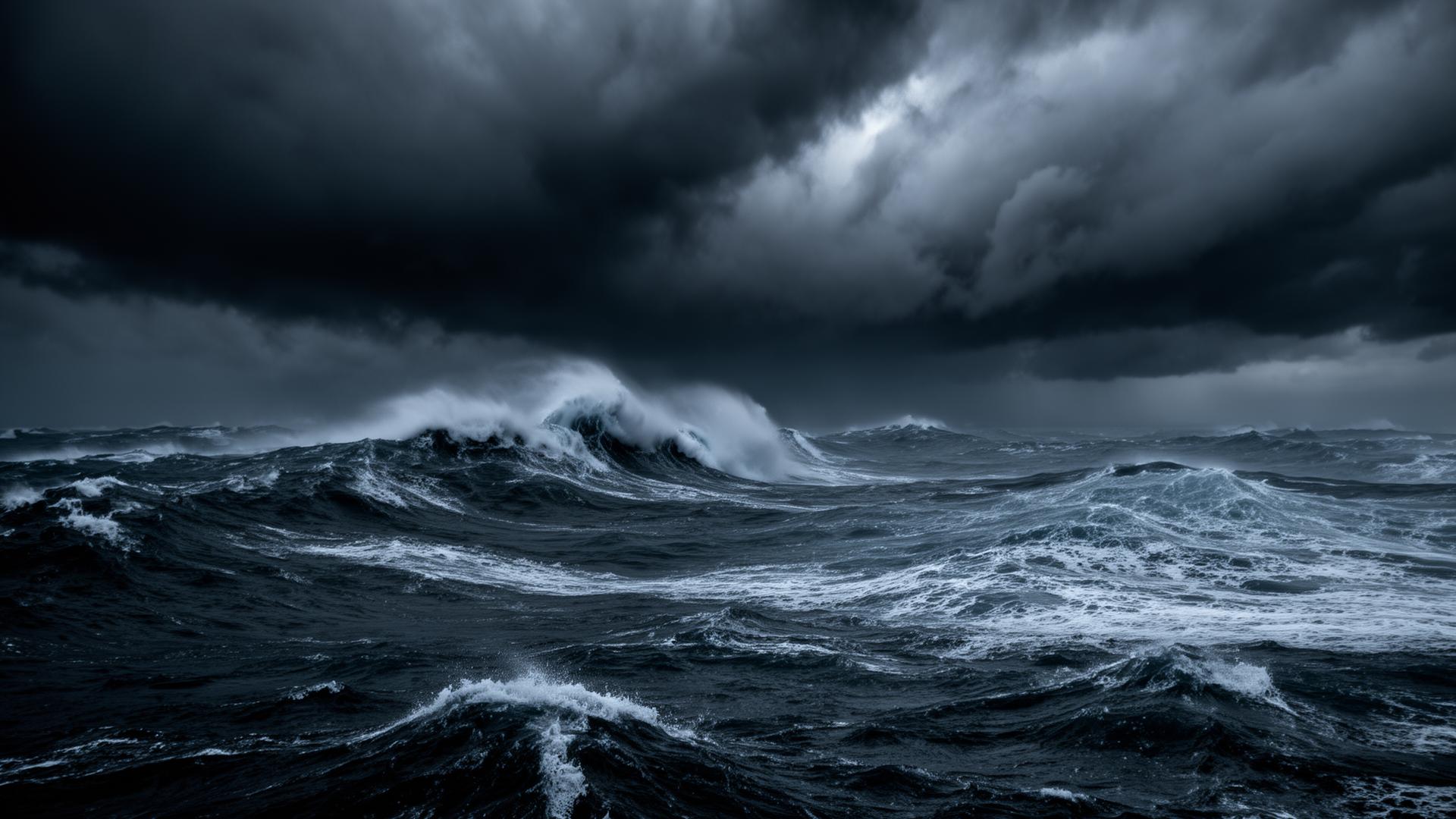 Stormy Alaskan ocean with crashing waves under dark clouds